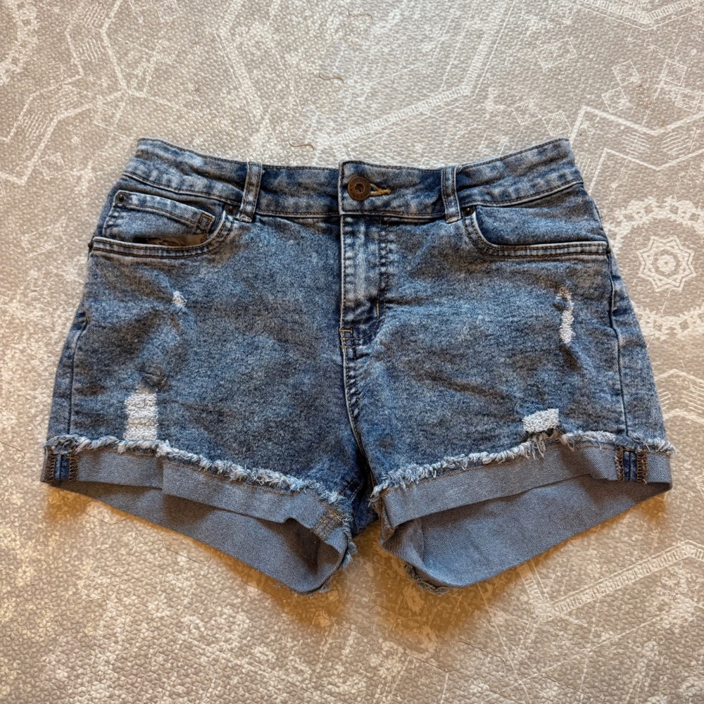Lucky Brand Riley Short Women 14 Blue Acid Wash Distressed Raw Hem Denim